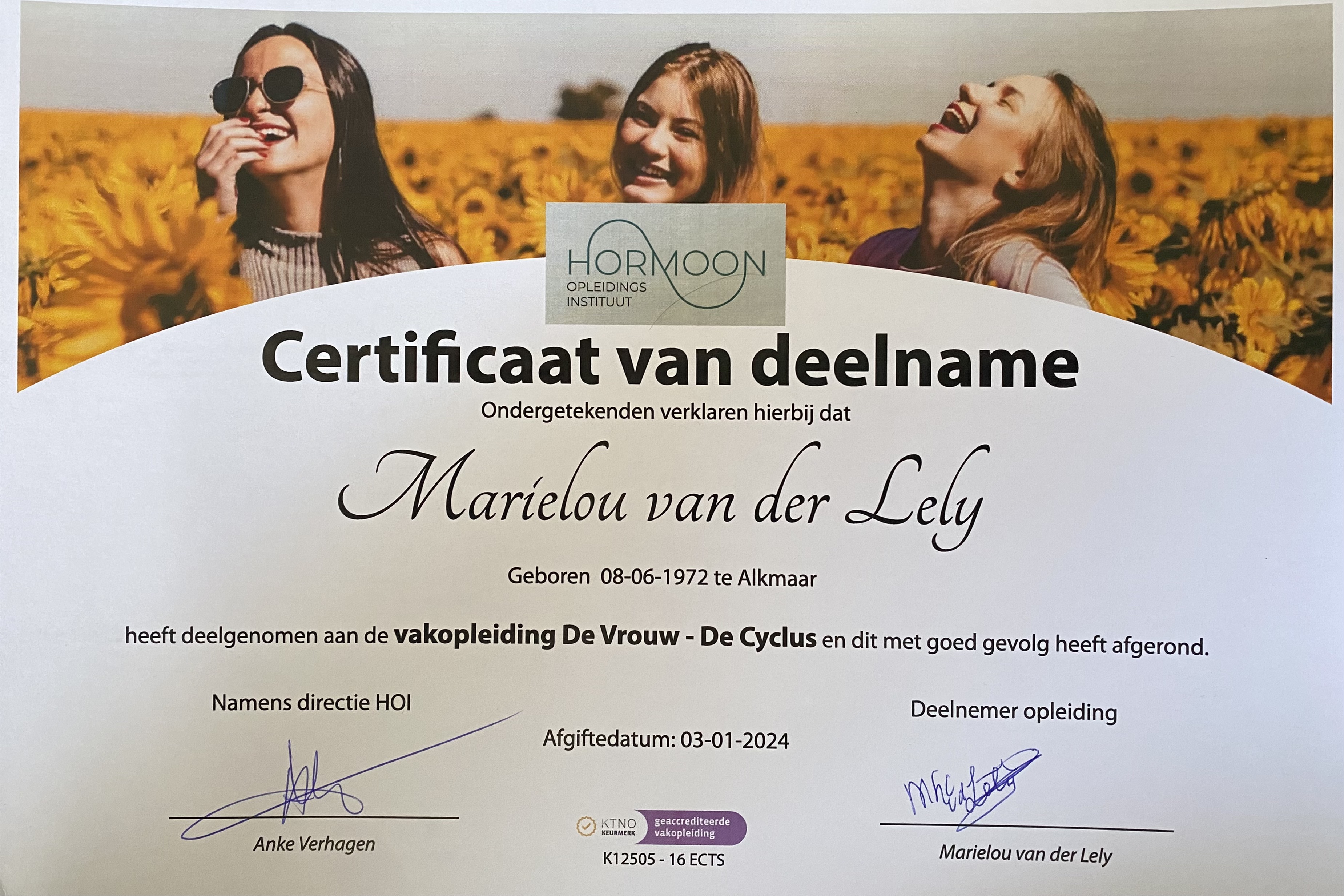 Certificaat vakopleiding De Vrouw - De Cyclus